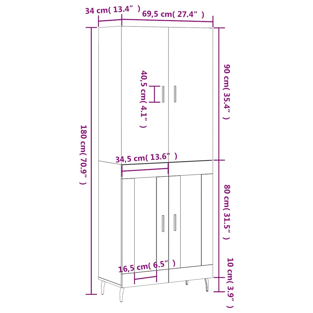 Highboard Weiß 69,5x34x180 cm Holzwerkstoff