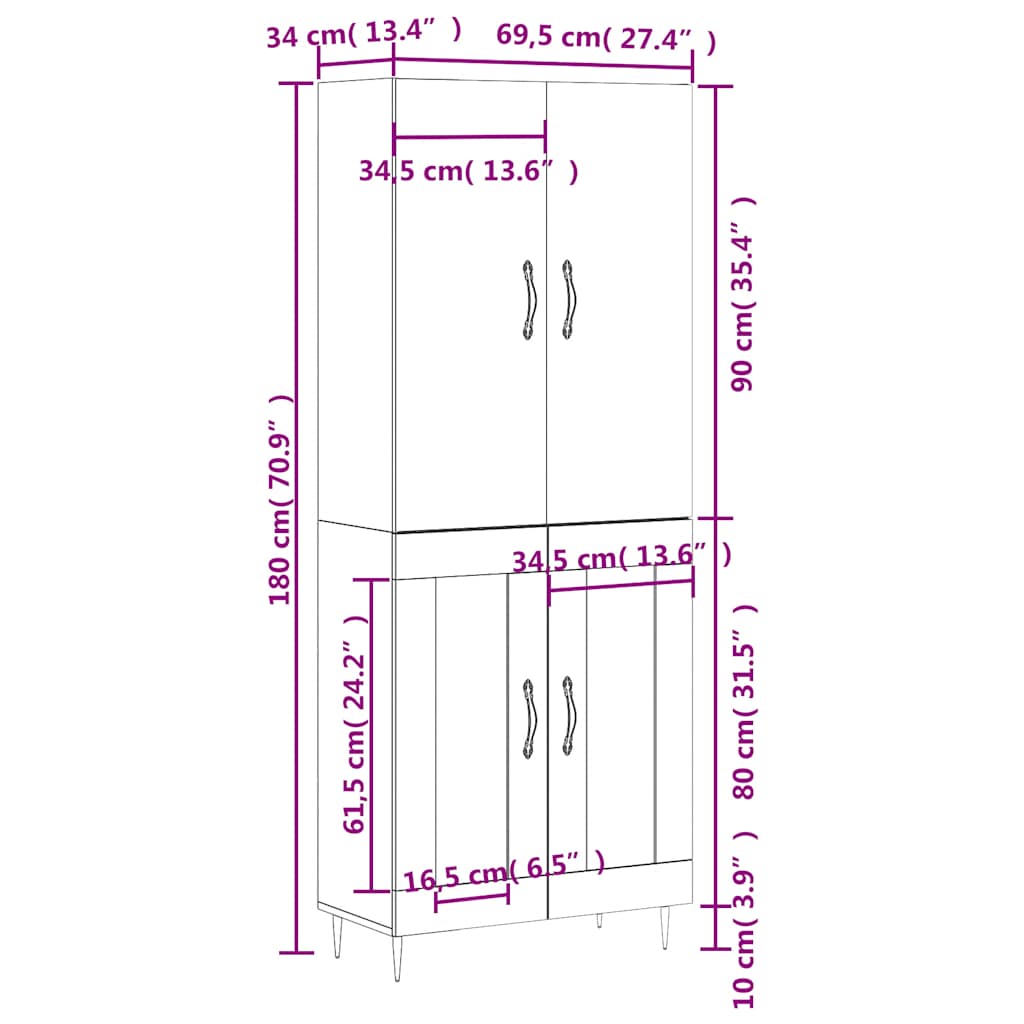 Highboard Weiß 69,5x34x180 cm Holzwerkstoff