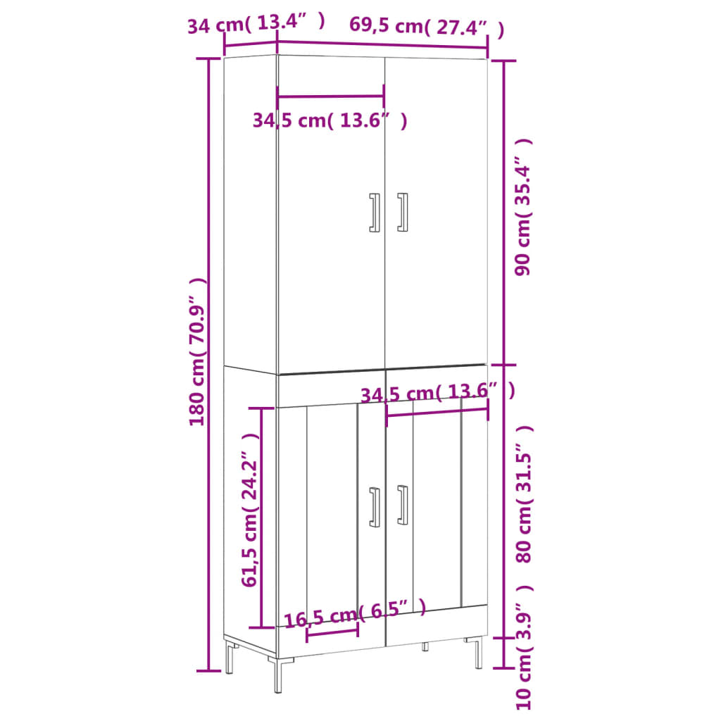Highboard Sonoma-Eiche 69,5x34x180 cm Holzwerkstoff