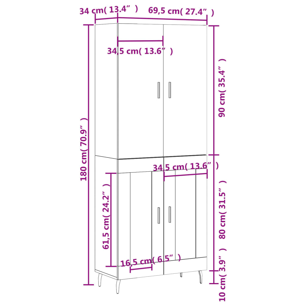 Highboard Weiß 69,5x34x180 cm Holzwerkstoff