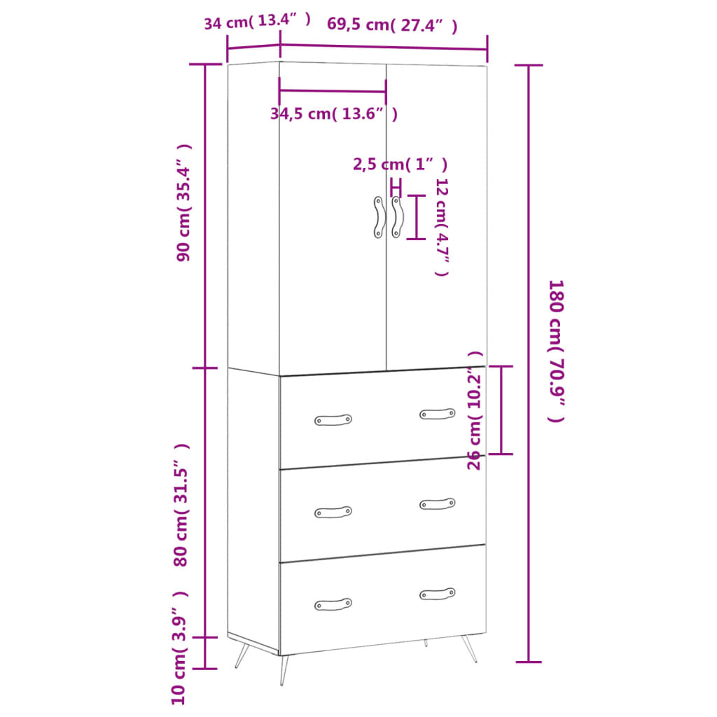 Highboard Weiß 69,5x34x180 cm Holzwerkstoff
