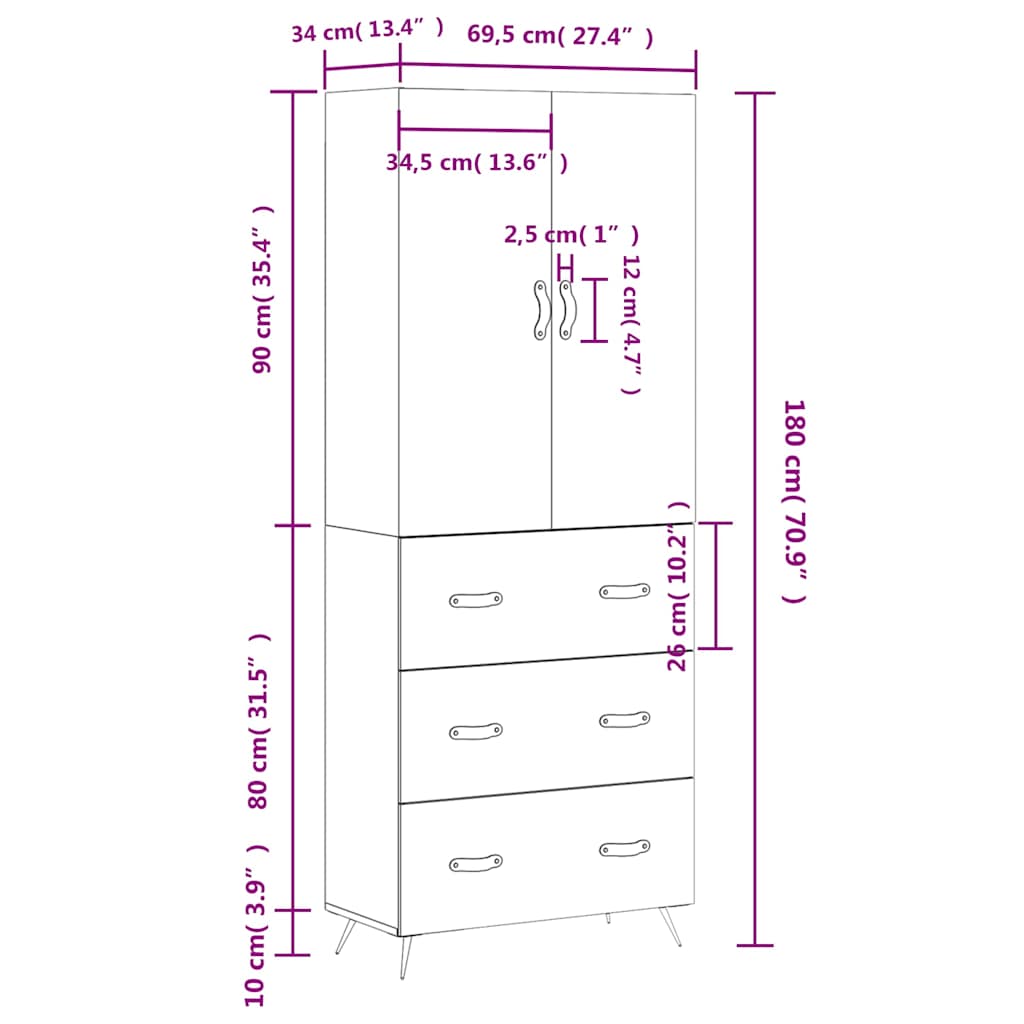 Highboard Sonoma-Eiche 69,5x34x180 cm Holzwerkstoff