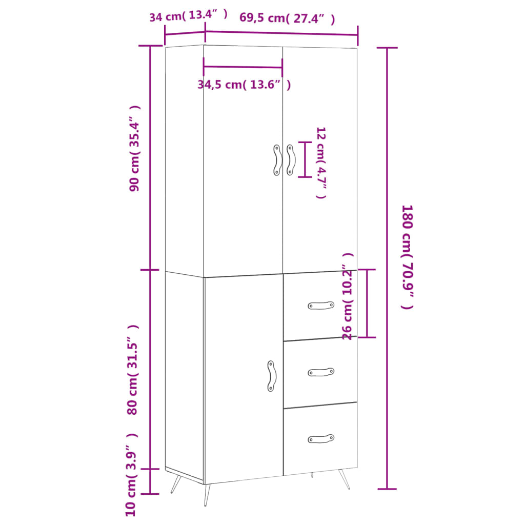 Highboard Weiß 69,5x34x180 cm Holzwerkstoff