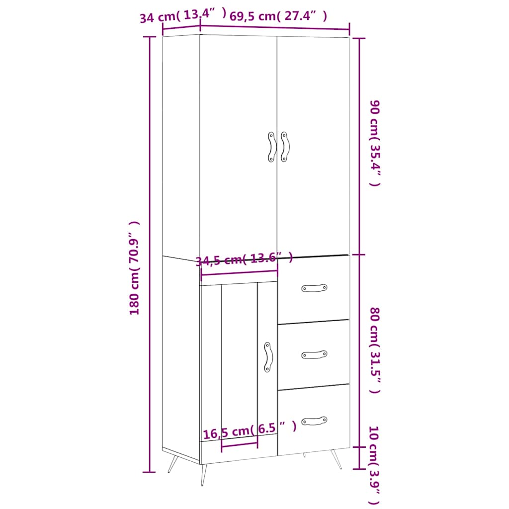 Highboard Weiß 69,5x34x180 cm Holzwerkstoff