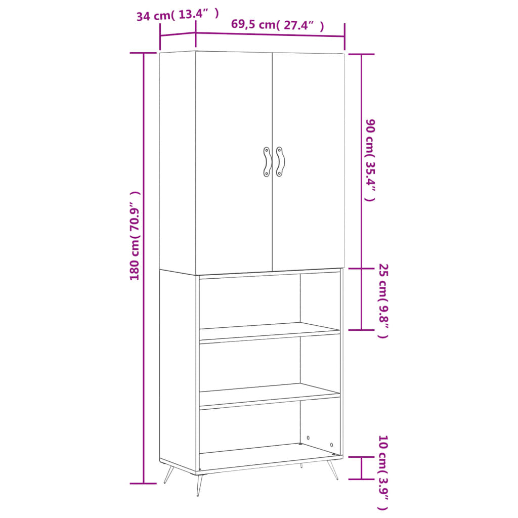 Highboard Weiß 69,5x34x180 cm Holzwerkstoff