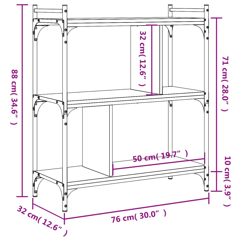 Bibliothèque 3 étagères Sonoma gris 76x32x88 cm matériau bois