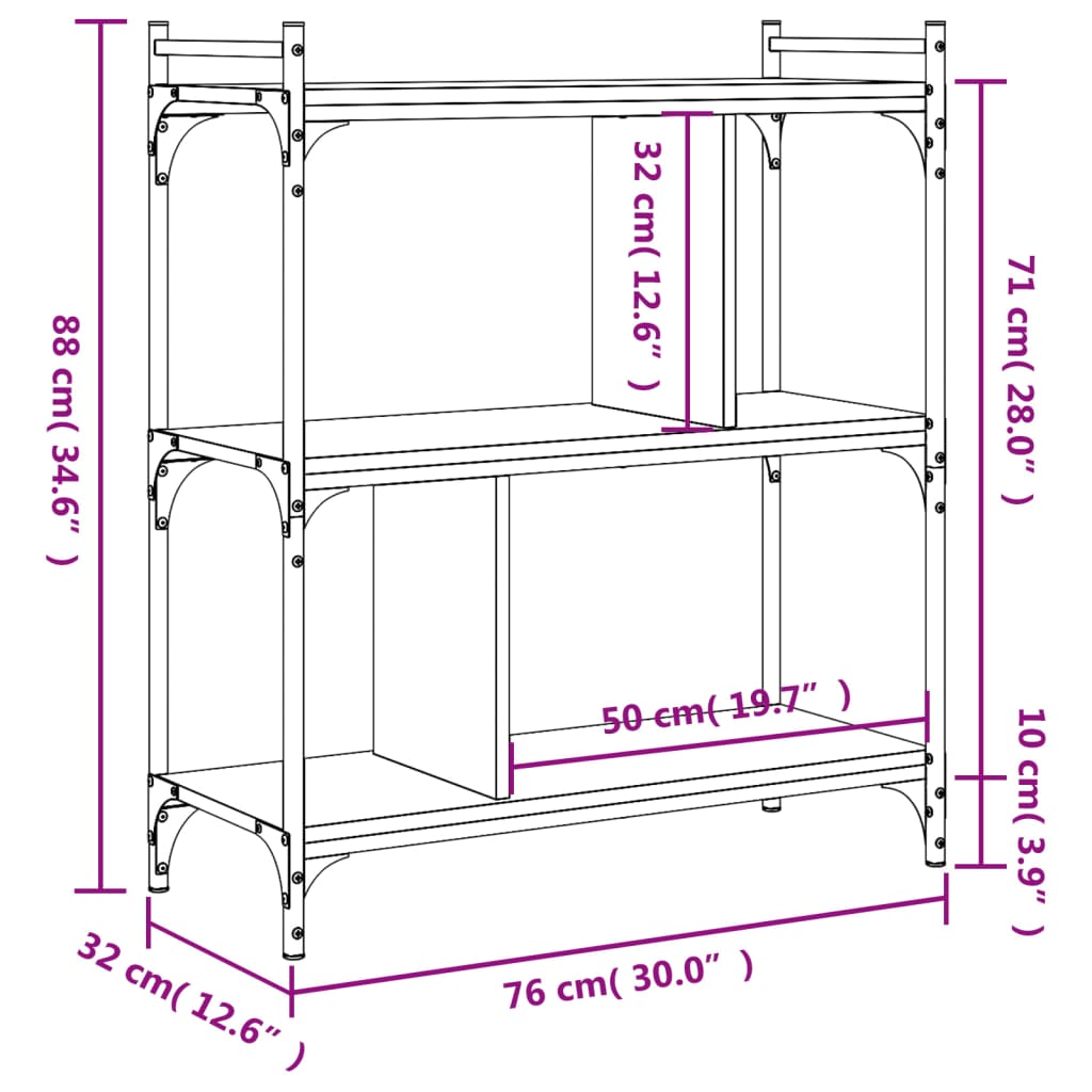 Bibliothèque 3 étagères aspect chêne brun 76x32x88cm matière bois