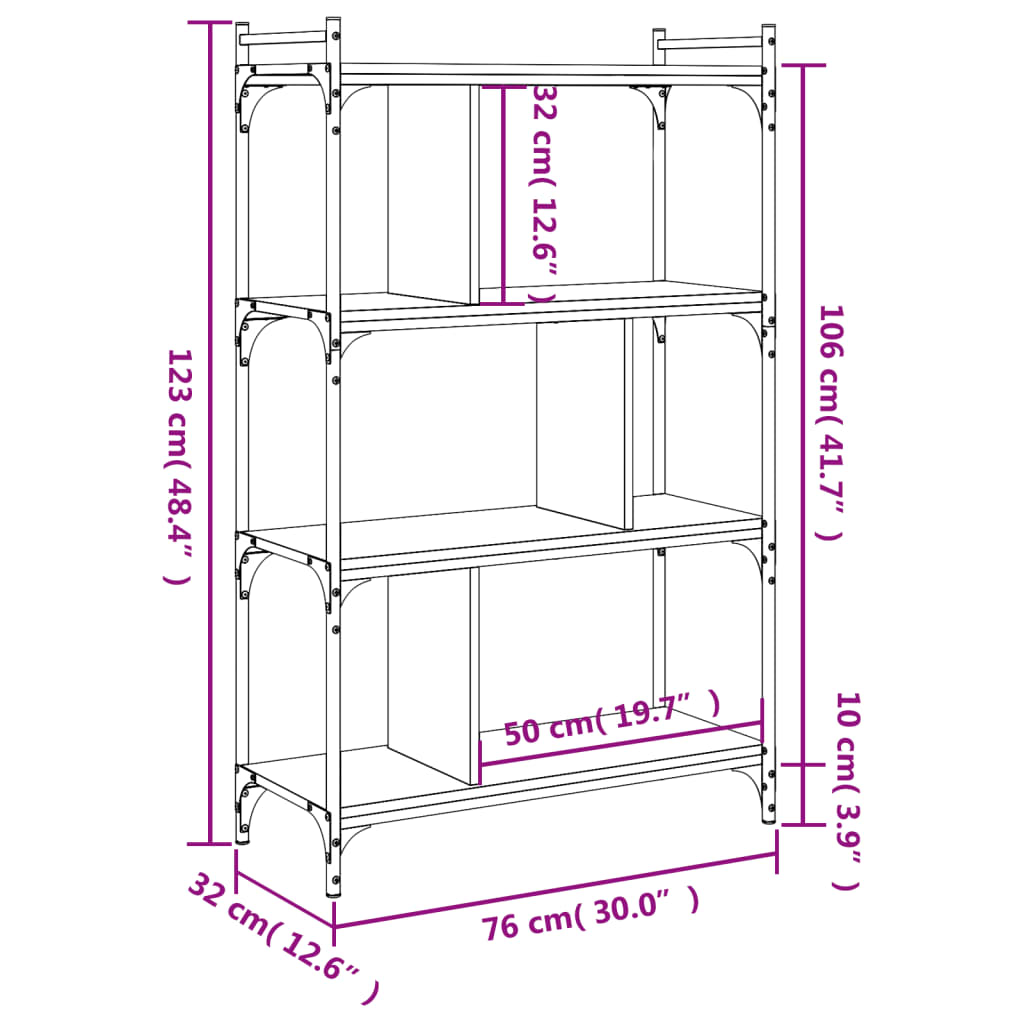 Bibliothèque 4 étagères chêne fumé 76x32x123 cm matière bois