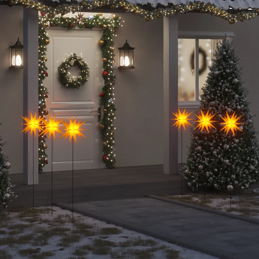 Étoiles de Noël LED 3 pièces avec piquets de sol pliables jaune 35 cm