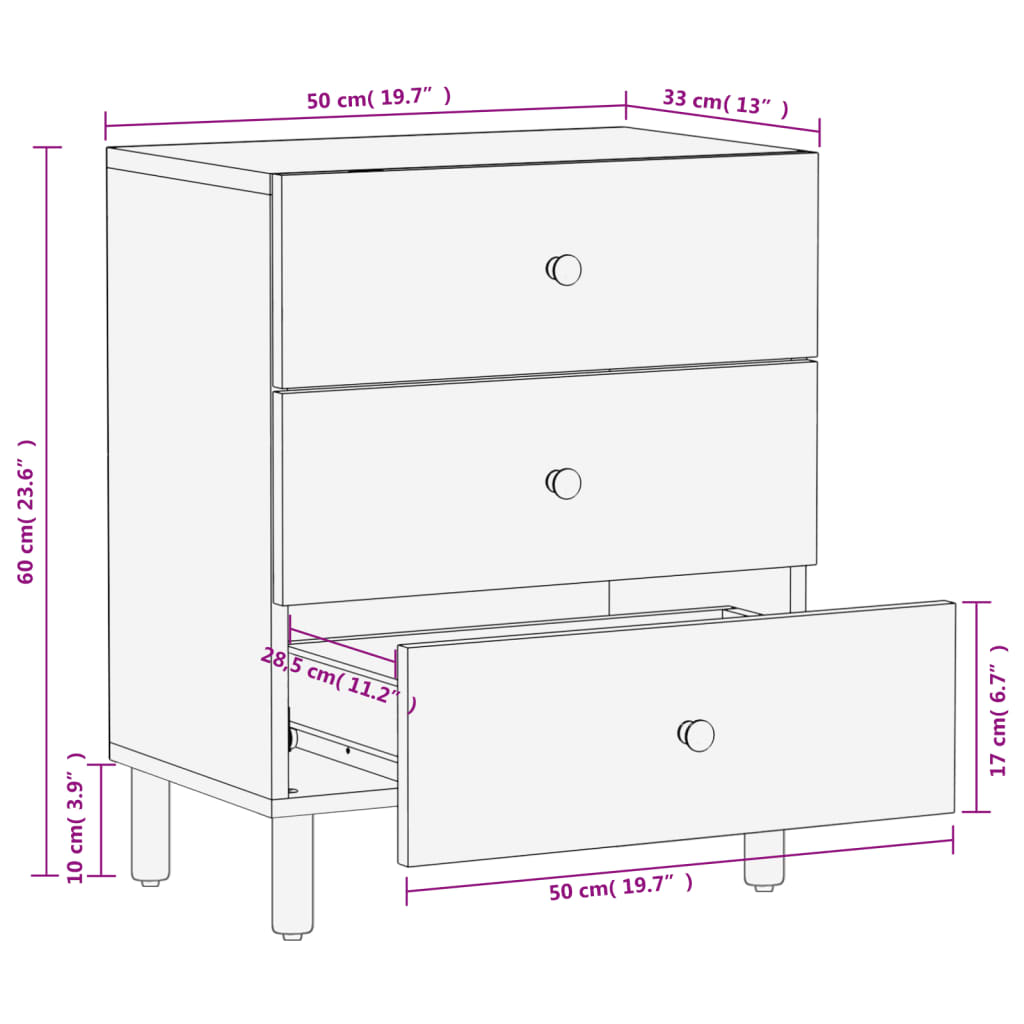 Bedside table black 50x33x60 cm solid mango wood