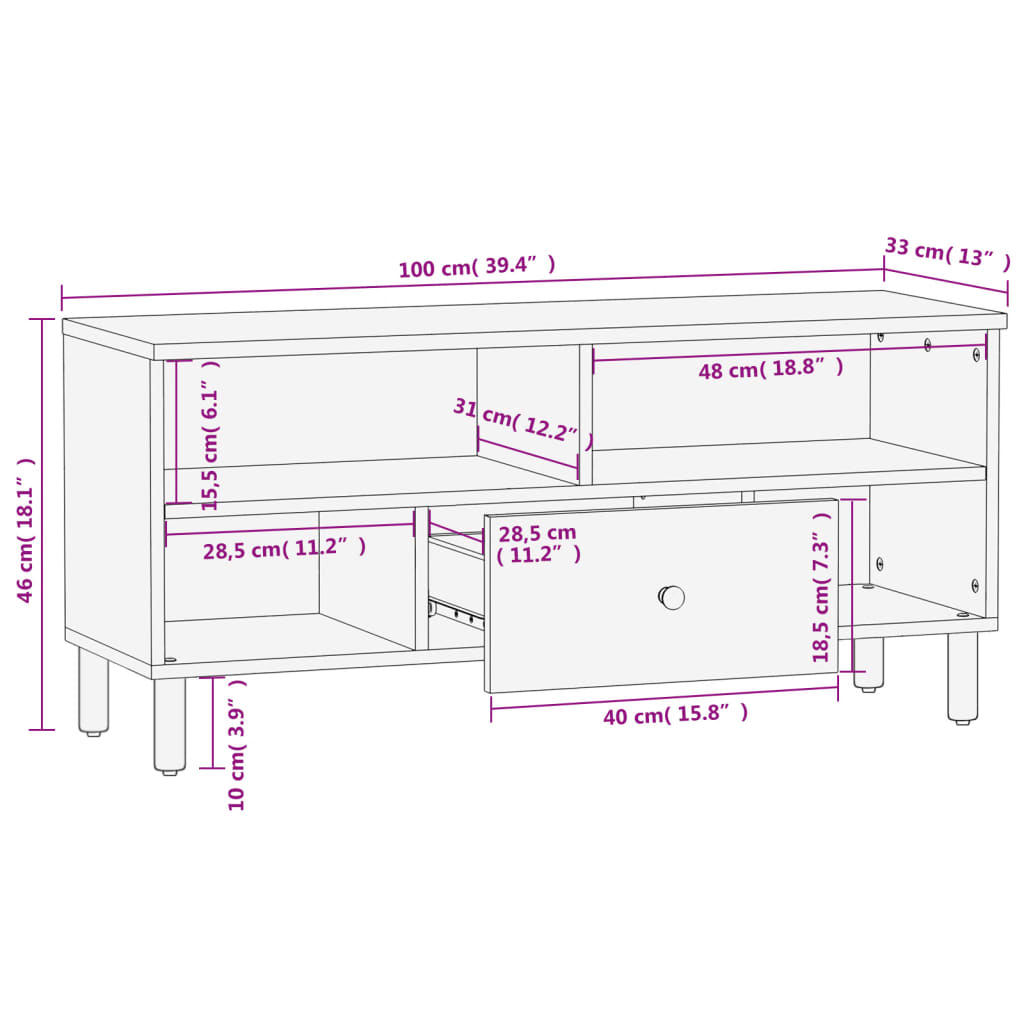 Meuble TV 100x33x46 cm en bois de manguier massif