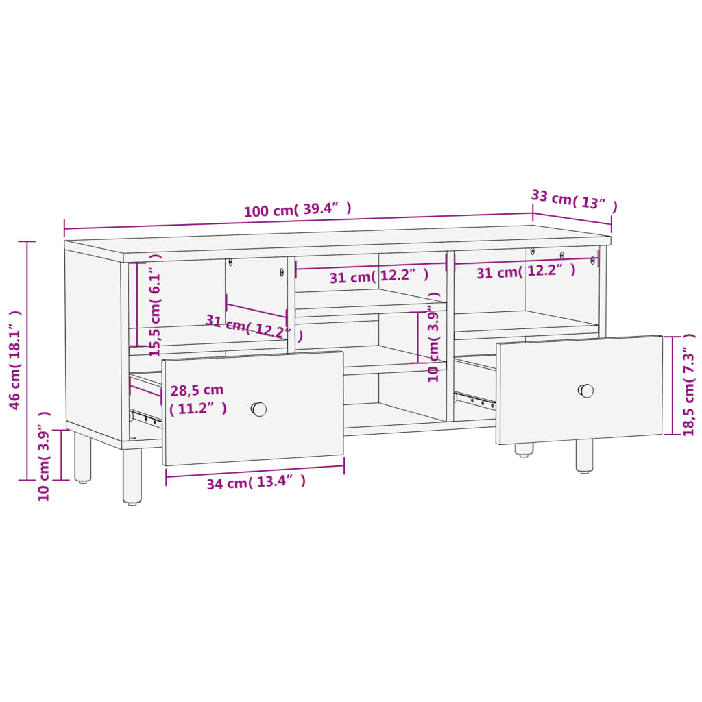 Meuble TV 100x33x46 cm en bois de manguier massif