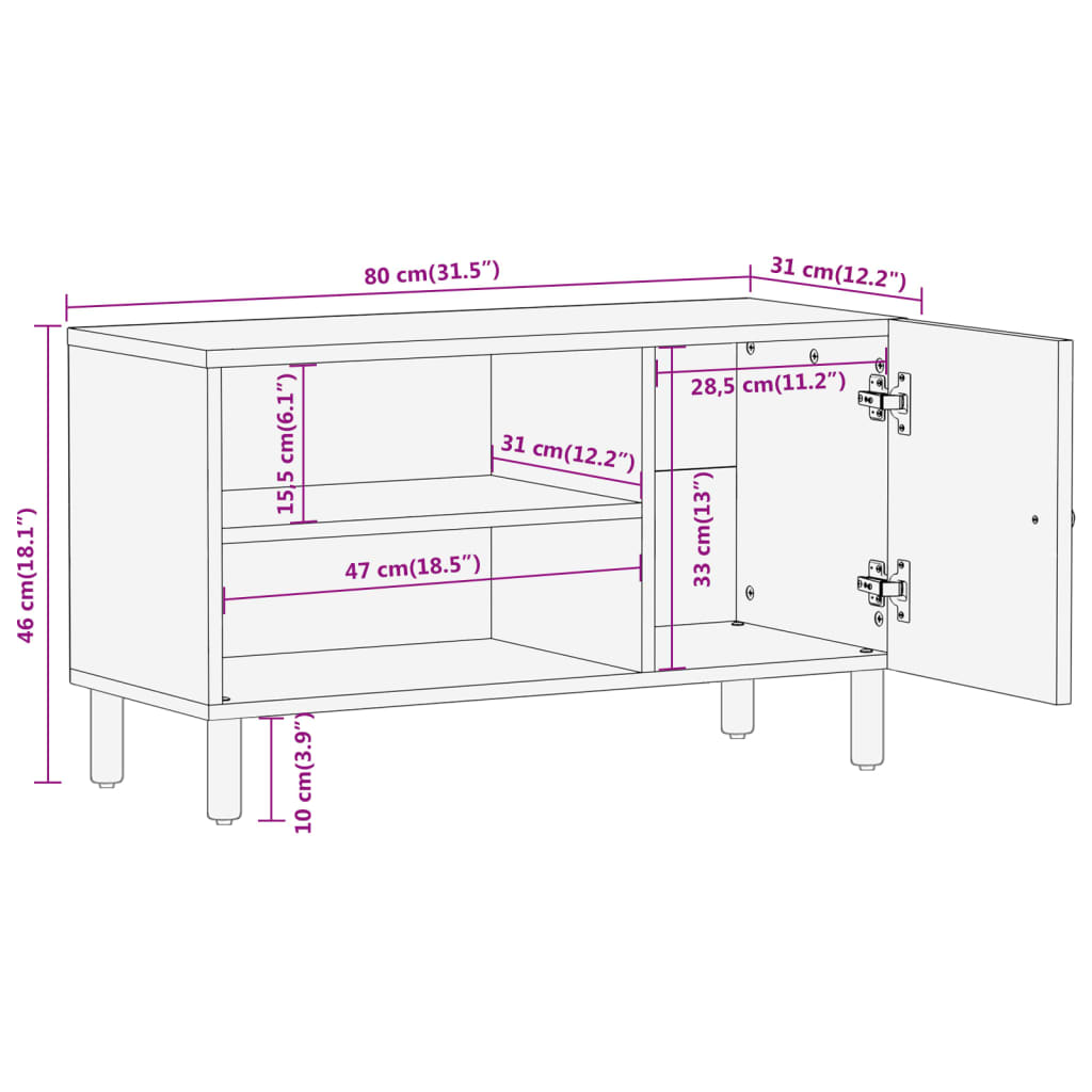 TV-Schrank 80x31x46 cm Massivholz Mango