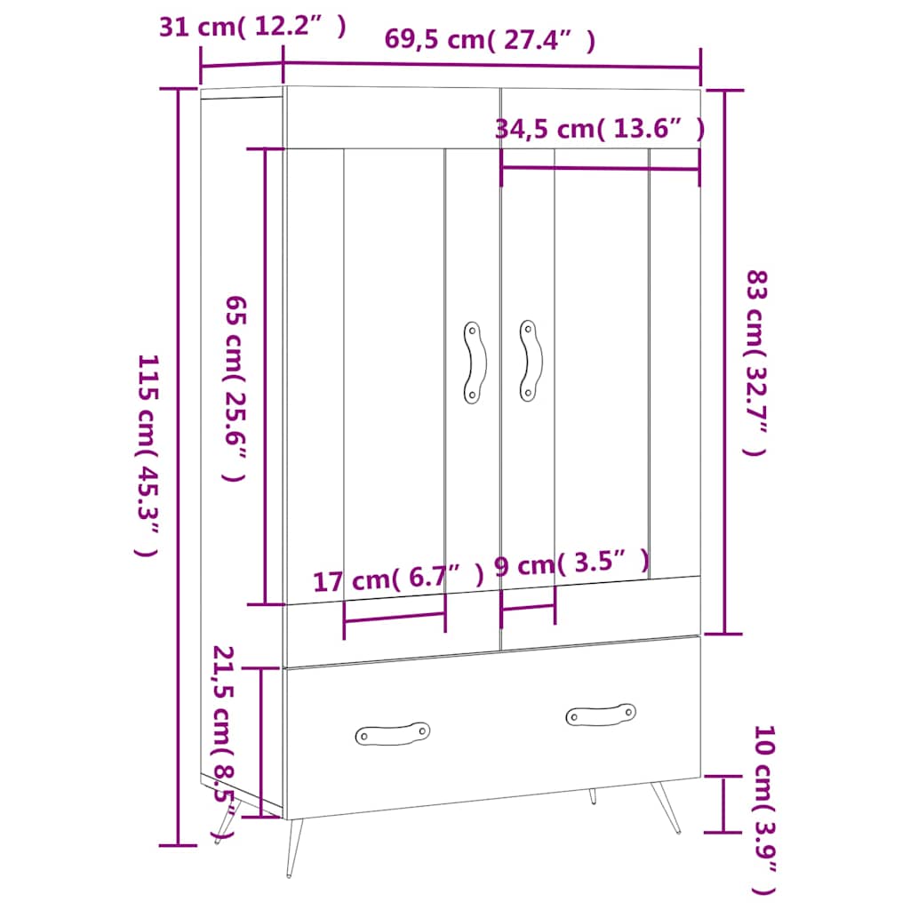 Highboard Grau Sonoma 69,5x31x115 cm Holzwerkstoff