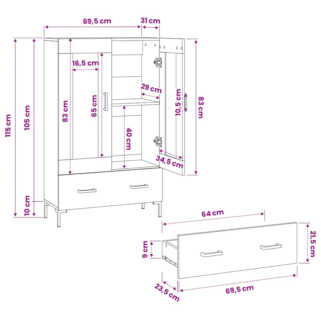 Highboard Grau Sonoma 69,5x31x115 cm Holzwerkstoff