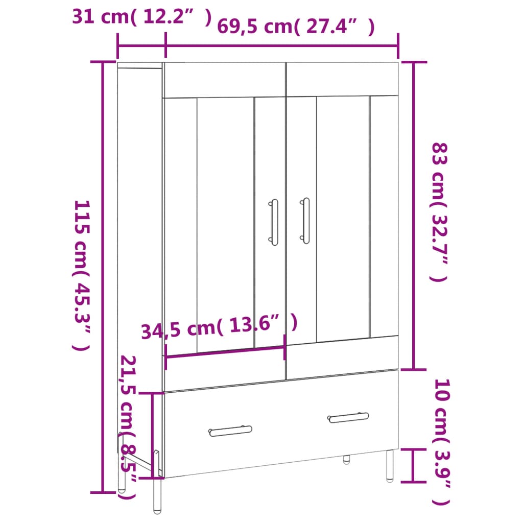 Highboard Hochglanz-Weiß 69,5x31x115 cm Holzwerkstoff