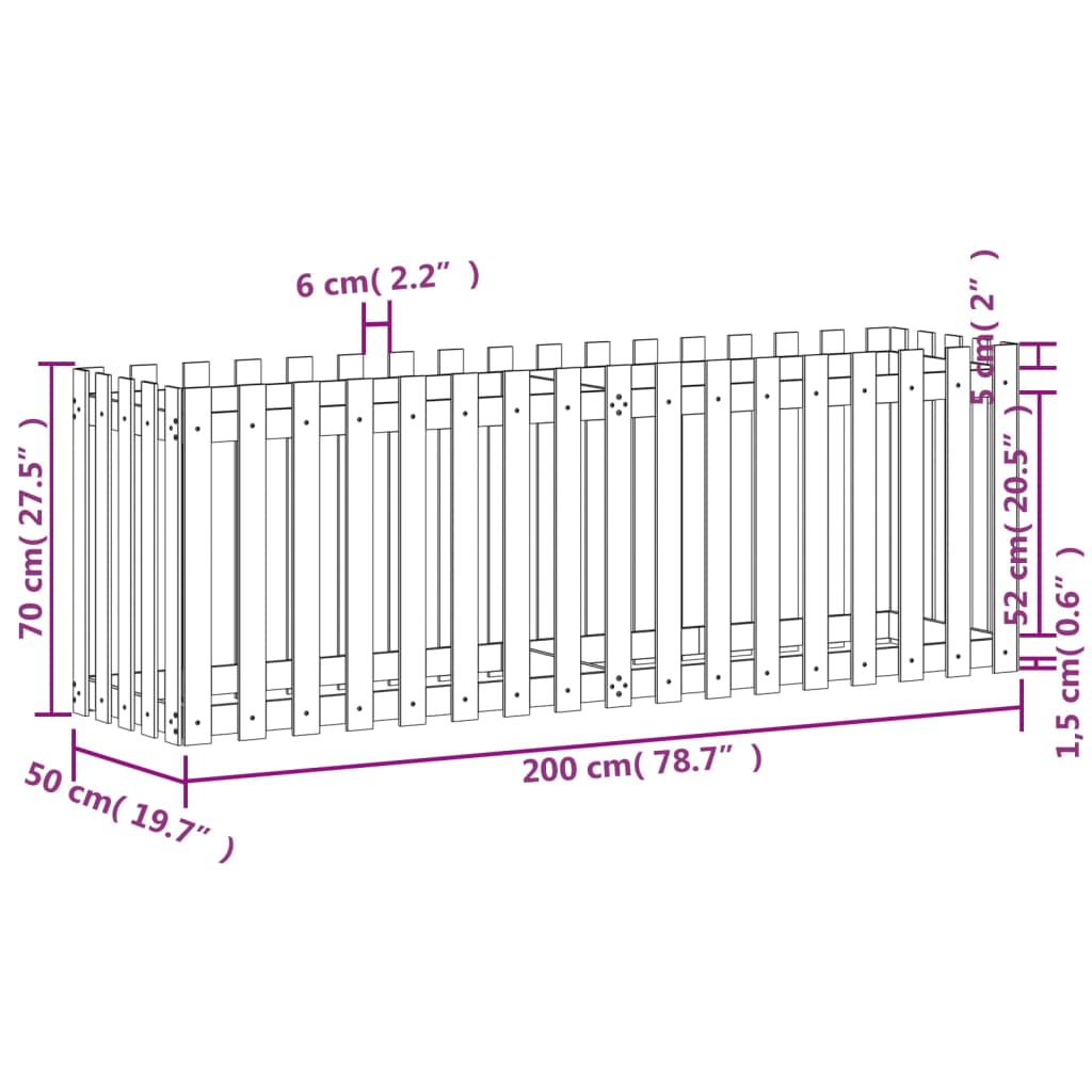 Palissade de lit surélevé design 200x50x70 cm bois de pin massif