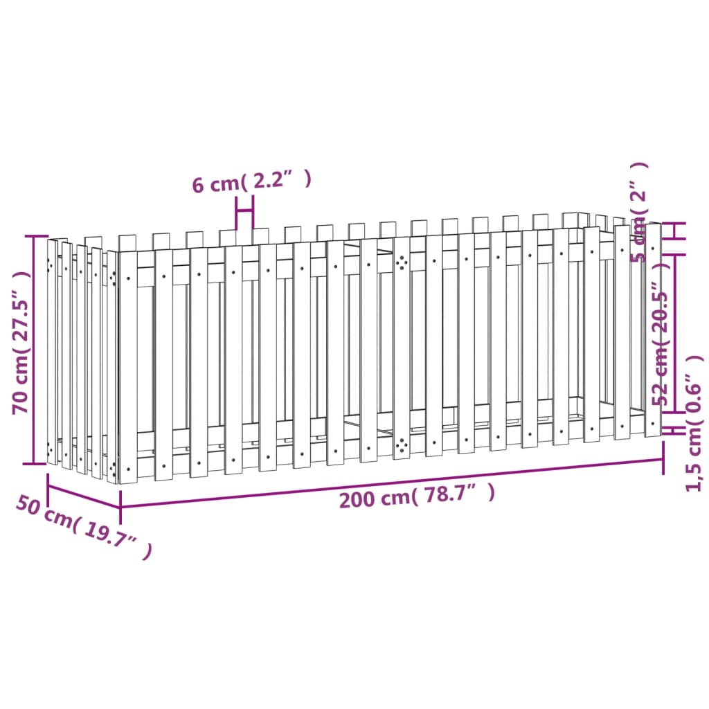 Hochbeet Lattenzaun-Design 200x50x70 cm Massivholz Douglasie