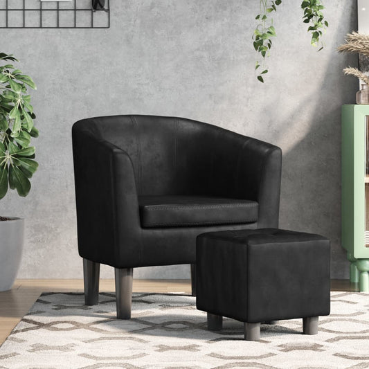 Fauteuil club avec repose-pieds simili cuir noir