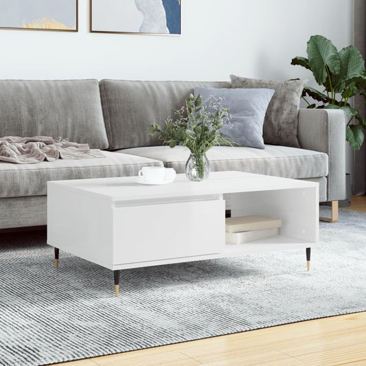 Table basse blanc brillant 90x60x35 cm en bois