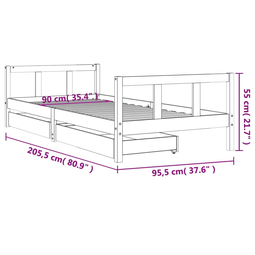 Lit enfant avec tiroirs blanc 90x200 cm bois de pin massif