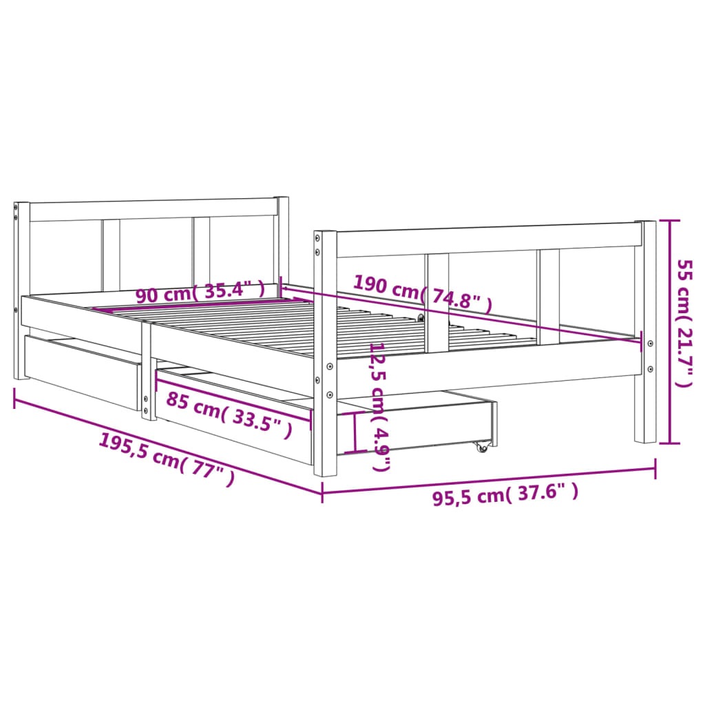 Lit enfant avec tiroirs blanc 90x190 cm en pin massif