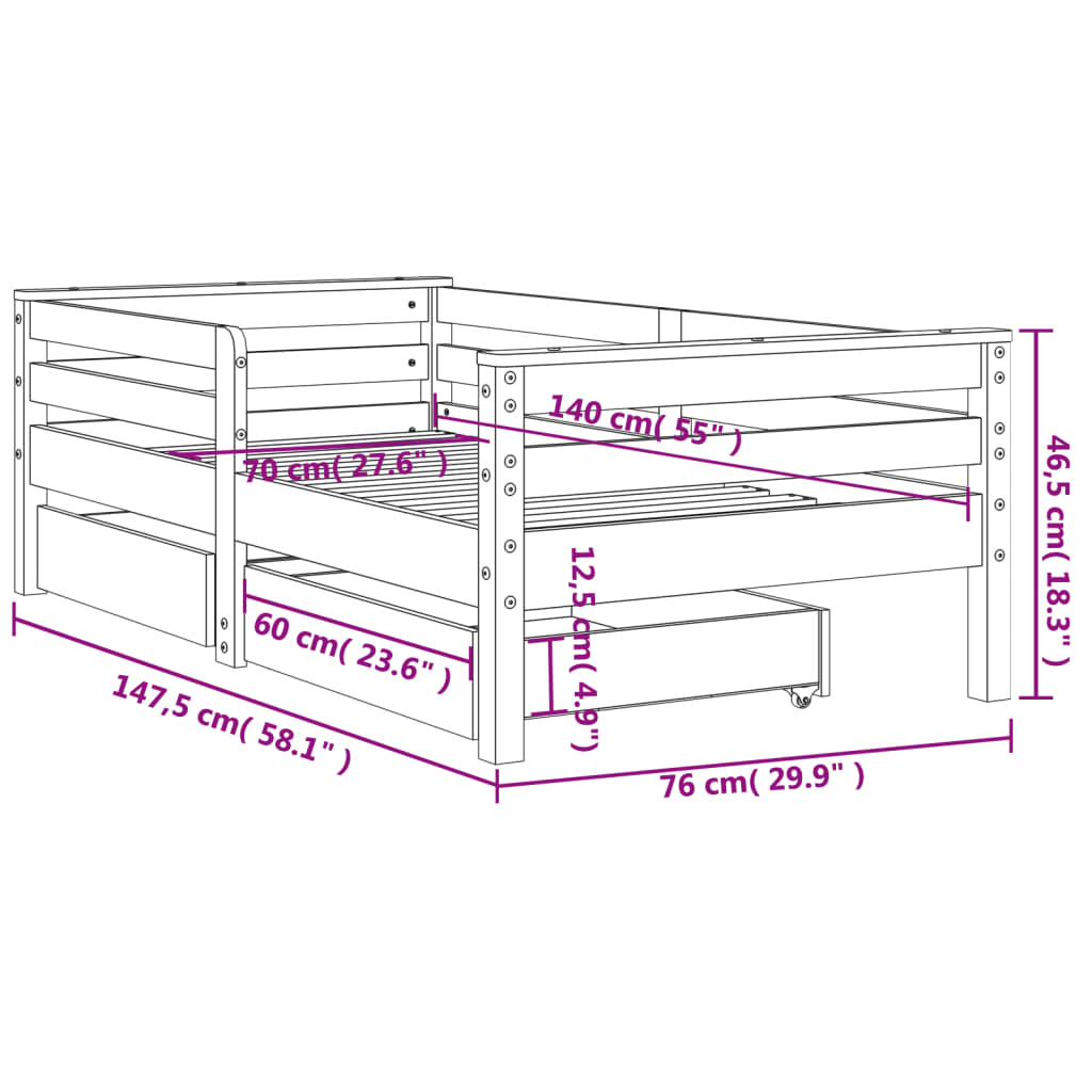 Lit enfant avec tiroirs 70x140 cm en pin massif