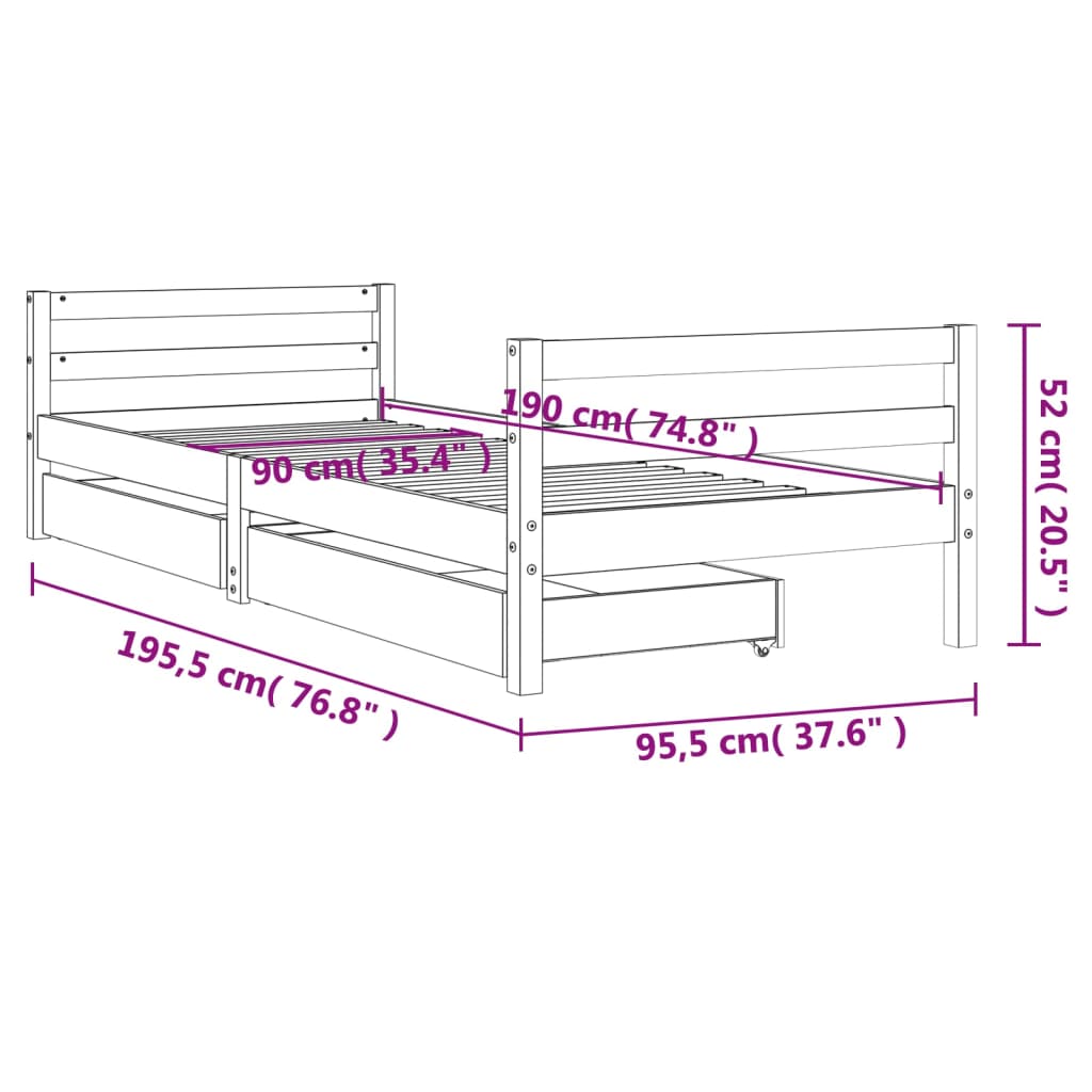 Lit enfant avec tiroirs 90x190 cm en pin massif