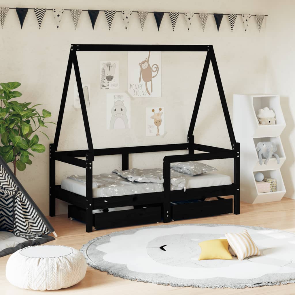 Lit enfant avec tiroirs noir 70x140 cm en pin massif