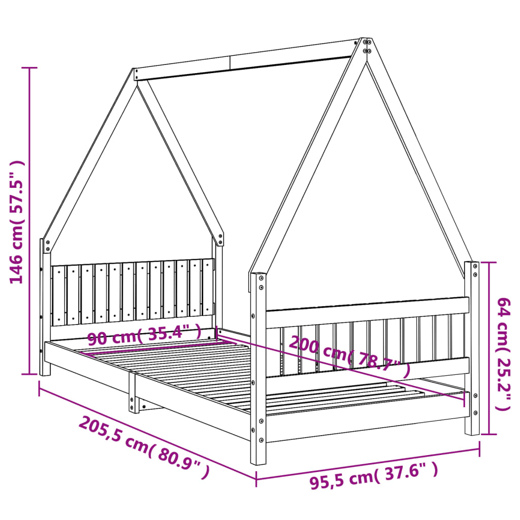 Lit enfant 90x200 cm en pin massif