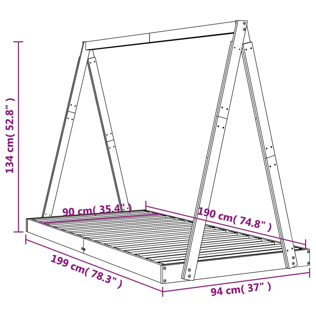 Lit enfant noir 90x190 cm en pin massif