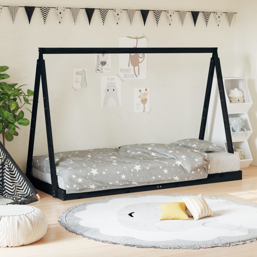 Lit enfant noir 90x190 cm en pin massif