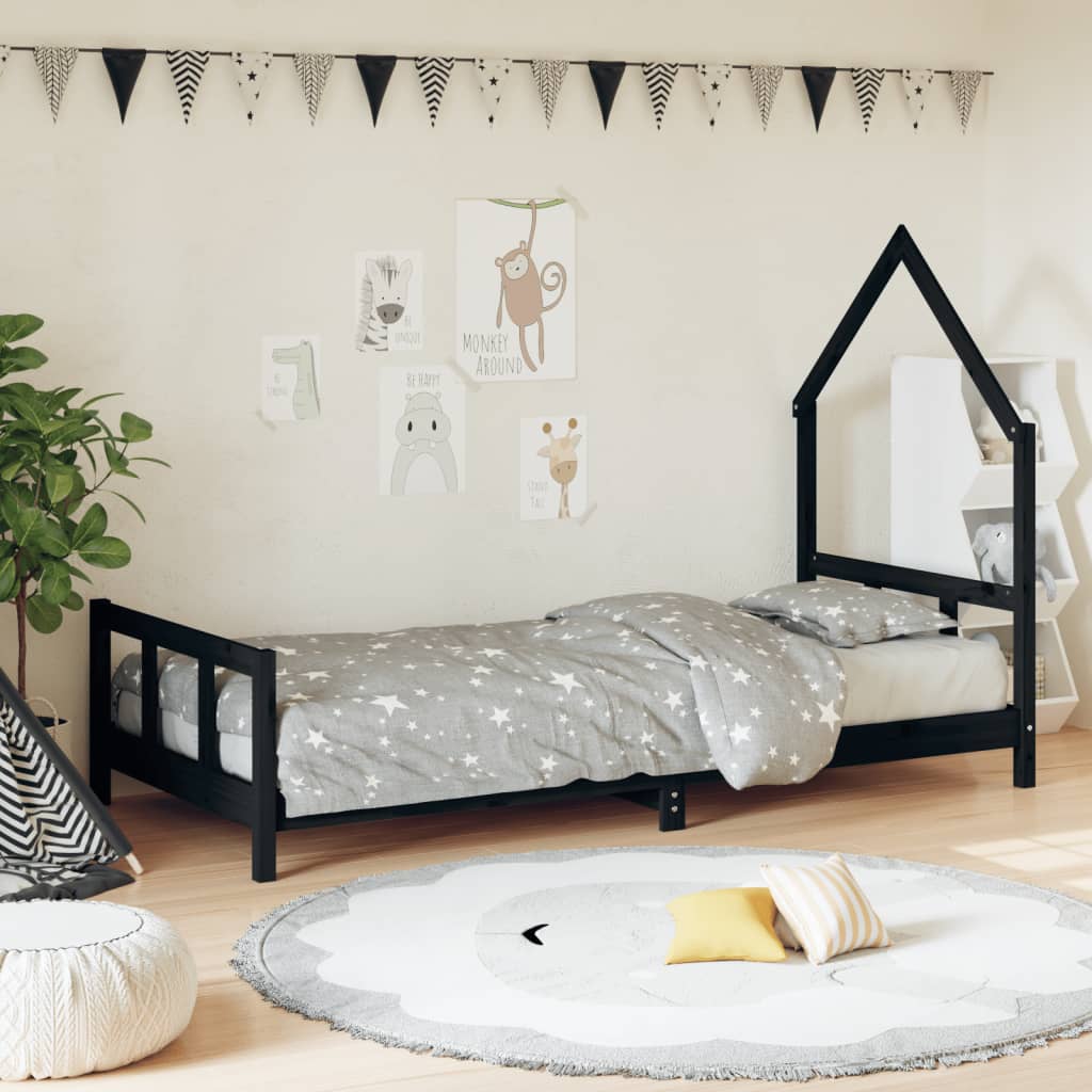 Lit enfant noir 90x190 cm en pin massif