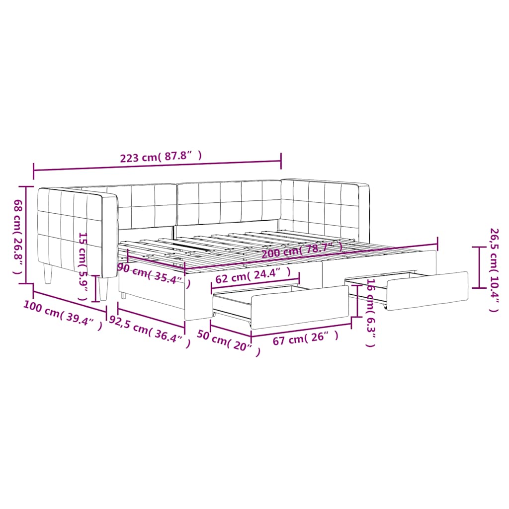 Tagesbett Ausziehbar mit Schubladen Dunkelgrau 90x200 cm Samt