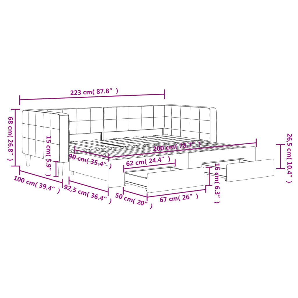 Tagesbett Ausziehbar mit Schubladen Rosa 90x200 cm Samt