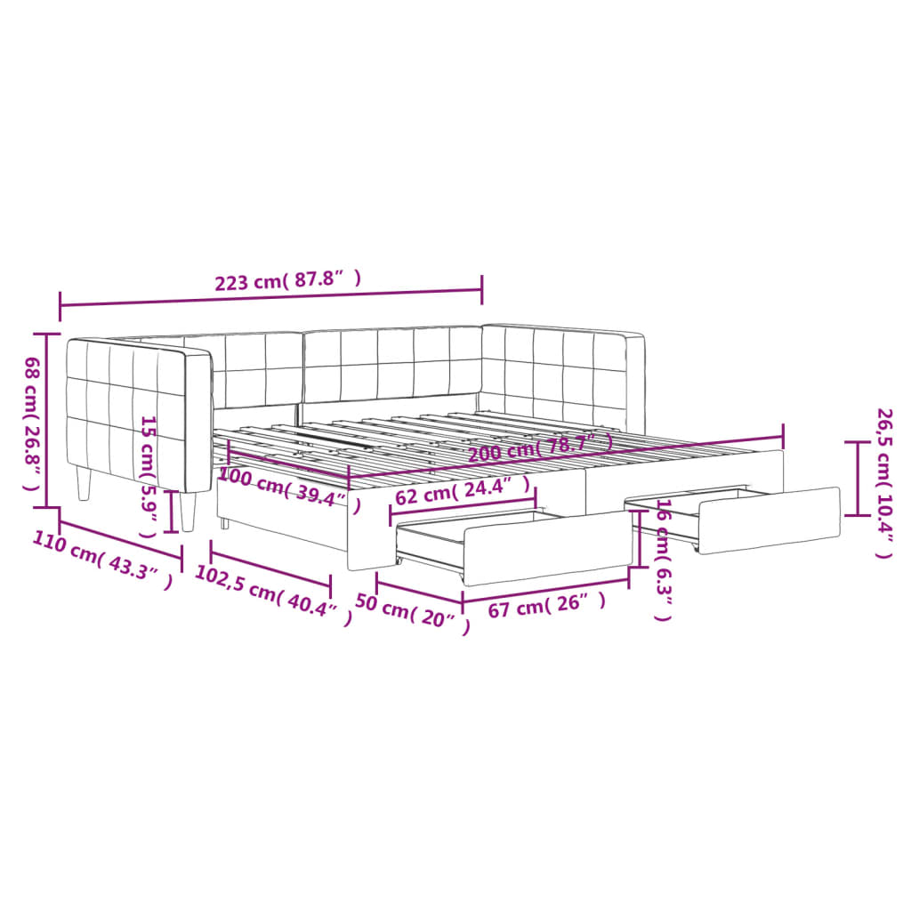 Tagesbett Ausziehbar mit Schubladen Dunkelgrau 100x200 cm Samt