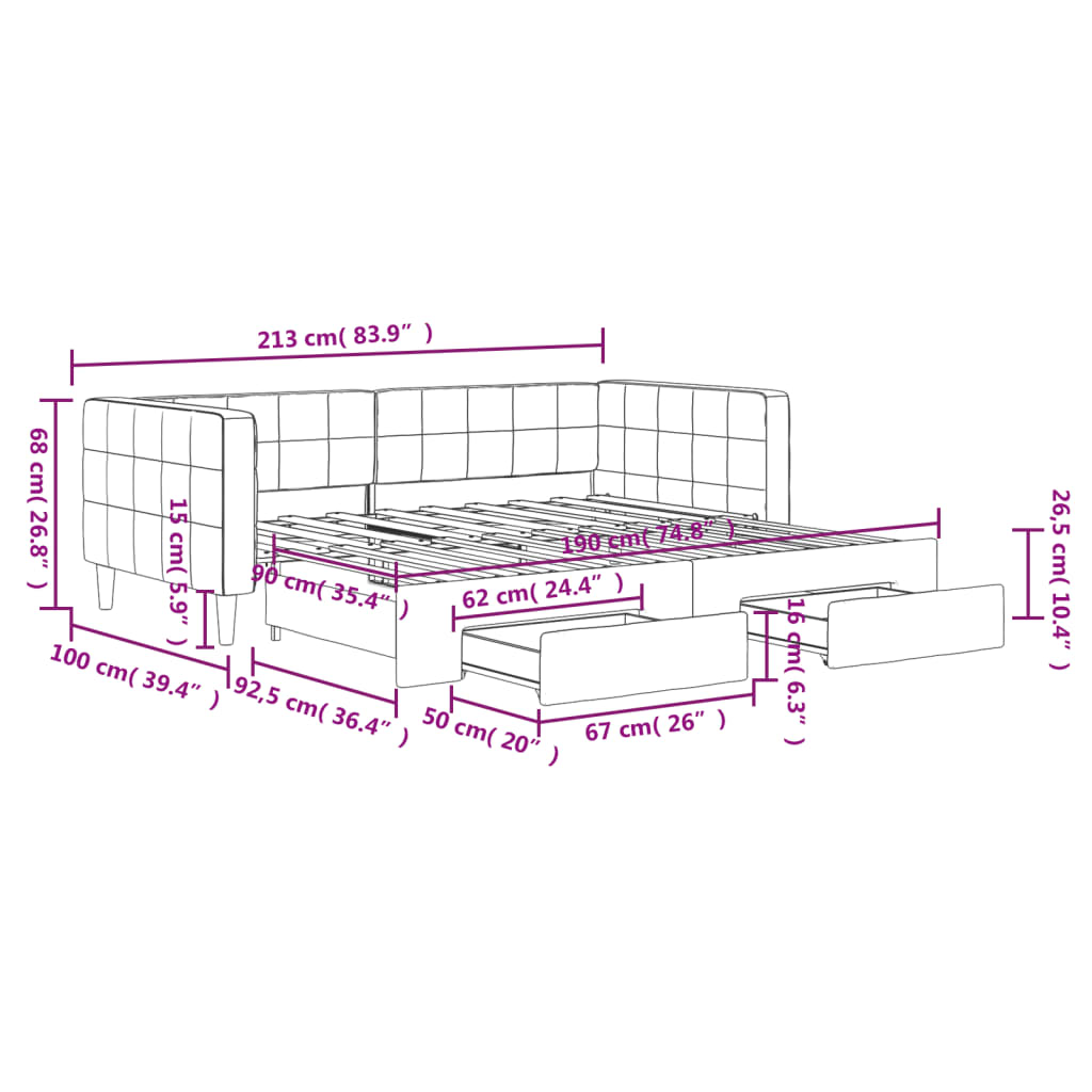 Tagesbett Ausziehbar mit Schubladen Schwarz 90x190 cm Samt