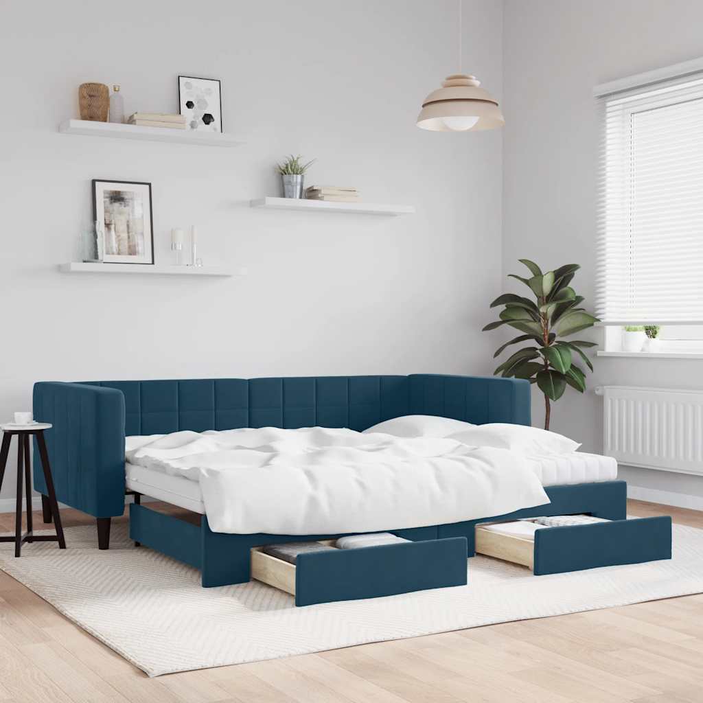 Tagesbett Ausziehbar mit Schubladen Blau 90x200 cm Samt