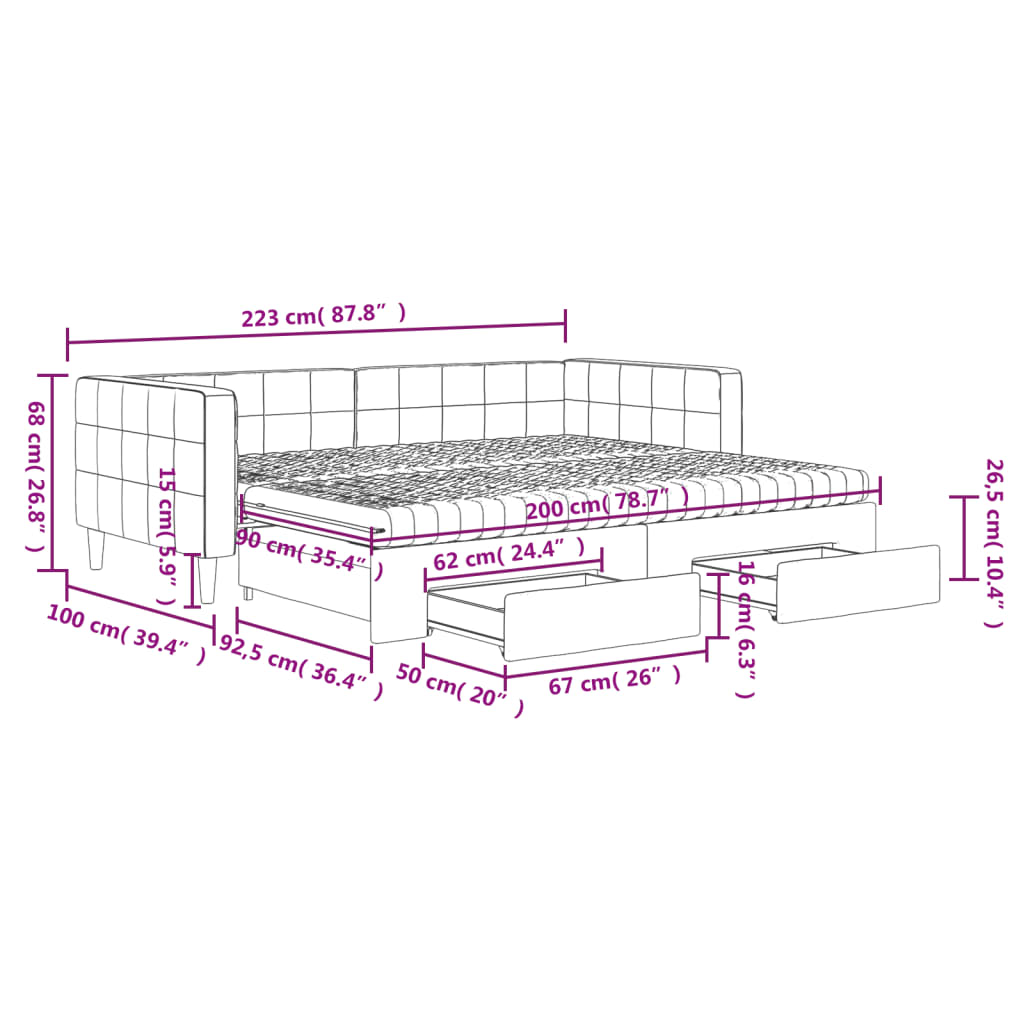 Tagesbett Ausziehbar mit Schubladen Rosa 90x200 cm Samt