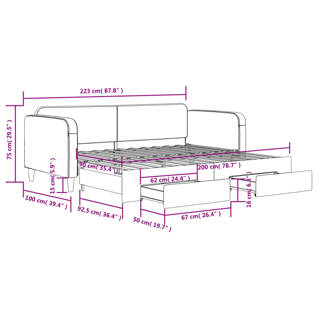 Tagesbett Ausziehbar mit Schubladen Taupe 90x200 cm Stoff