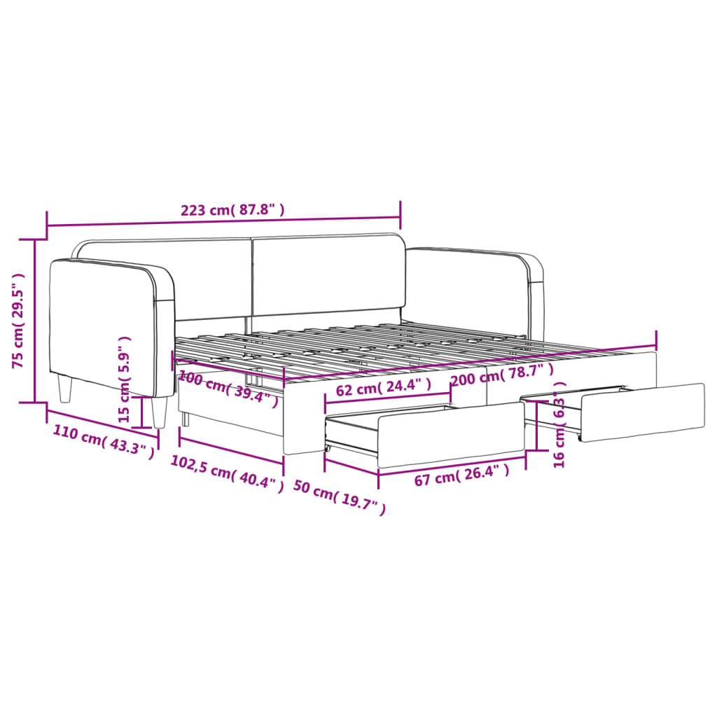 Tagesbett Ausziehbar mit Schubladen Dunkelgrau 100x200 cm Stoff