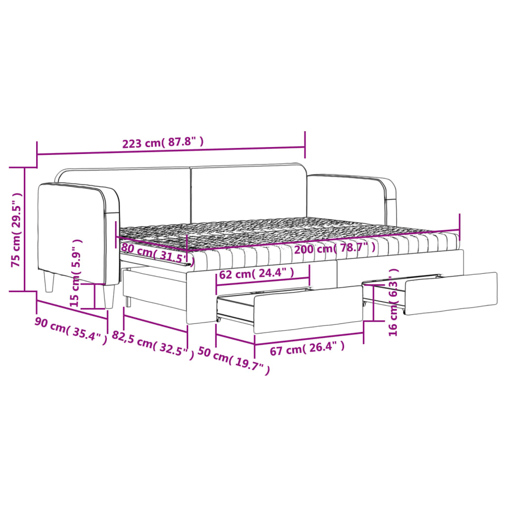 Tagesbett Ausziehbar mit Schubladen Creme 80x200 cm Stoff