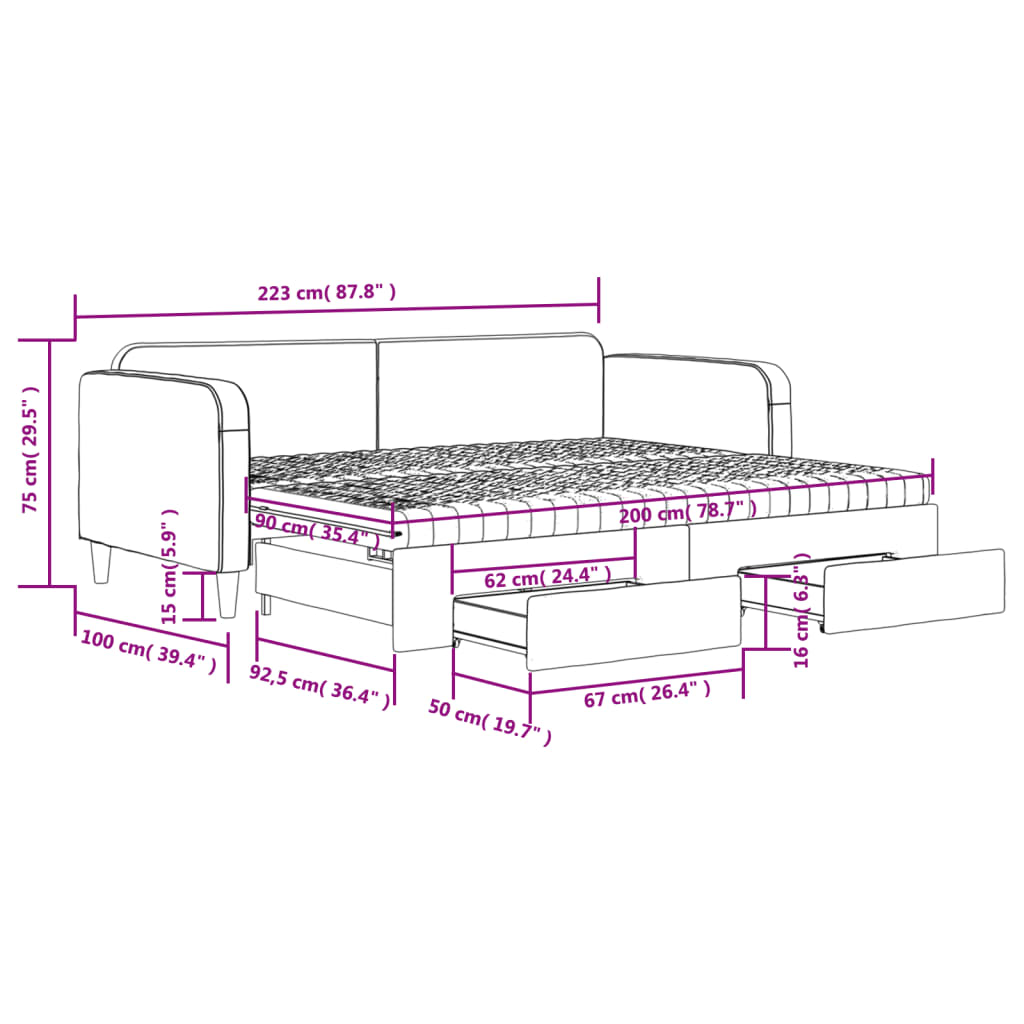 Tagesbett Ausziehbar mit Schubladen Schwarz 90x200 cm Stoff