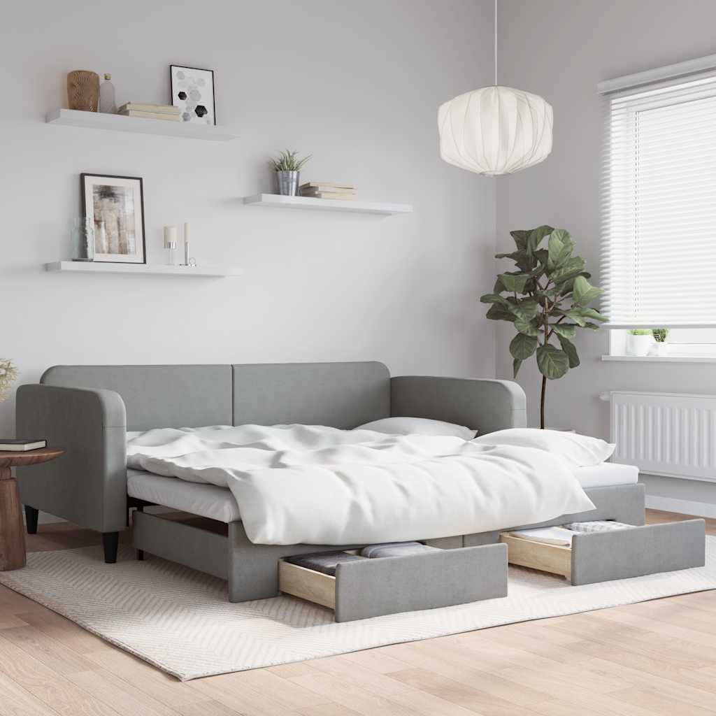Tagesbett Ausziehbar mit Schubladen Hellgrau 100x190 cm Stoff