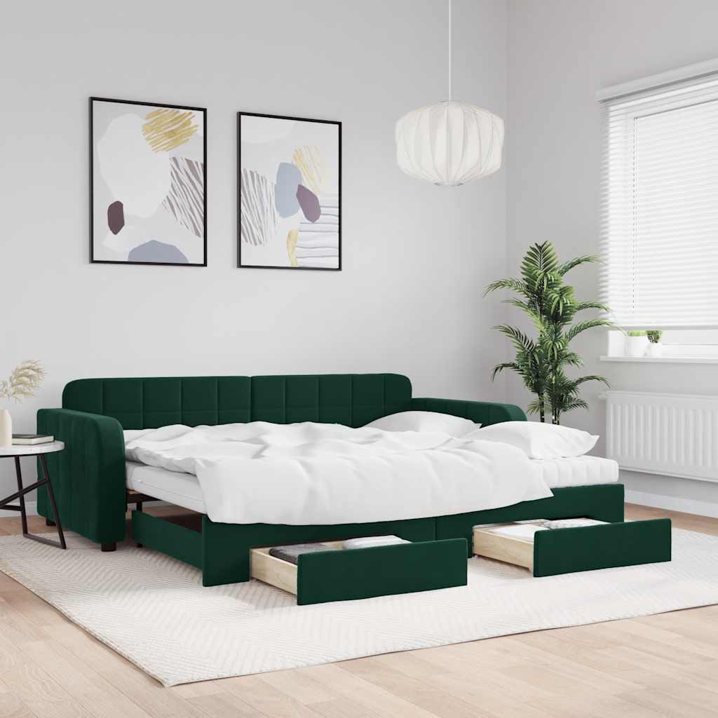 Tagesbett Ausziehbar mit Schubladen Dunkelgrün 90x200 cm Samt