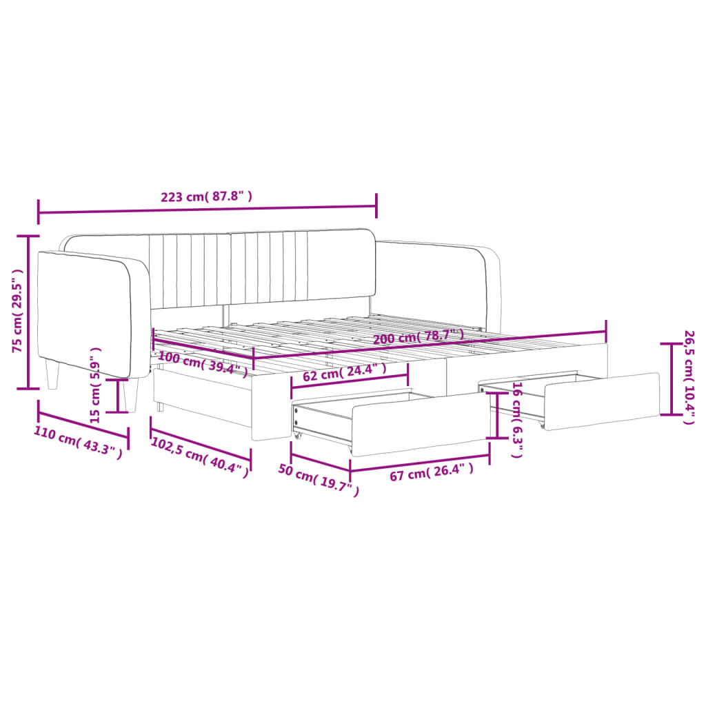 Tagesbett Ausziehbar mit Schubladen Rosa 100x200 cm Samt