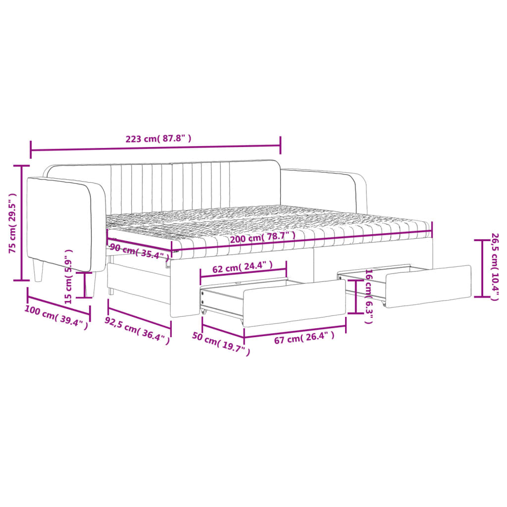 Tagesbett Ausziehbar mit Schubladen Hellgrau 90x200 cm Samt