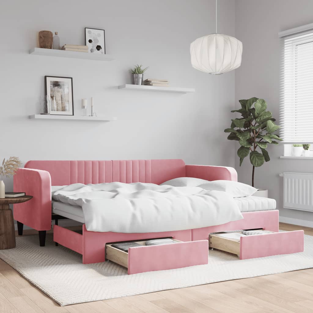 Tagesbett Ausziehbar mit Schubladen Rosa 90x200 cm Samt