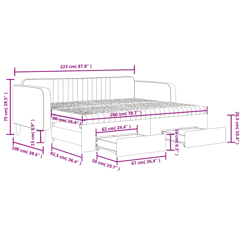 Tagesbett Ausziehbar mit Schubladen Schwarz 90x200 cm Samt
