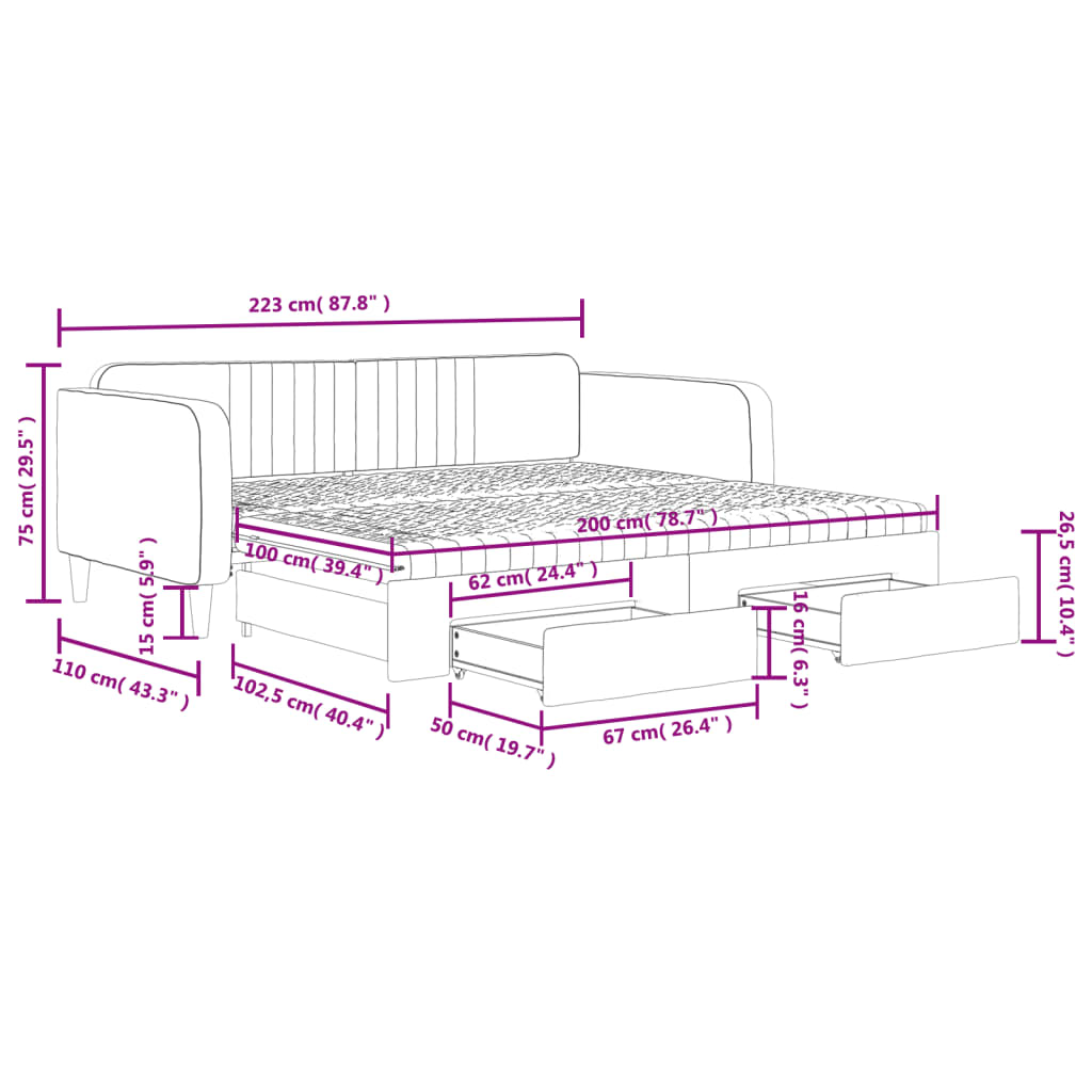 Tagesbett Ausziehbar mit Schubladen Schwarz 100x200 cm Samt